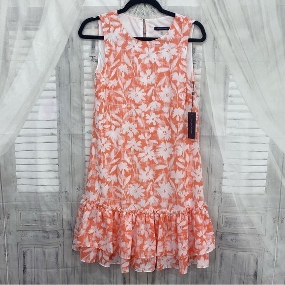 Tommy Hilfiger Size 2 Coral Pink White Sleeveless Floral Flounce Shift Dress NEW - Picture 1 of 10